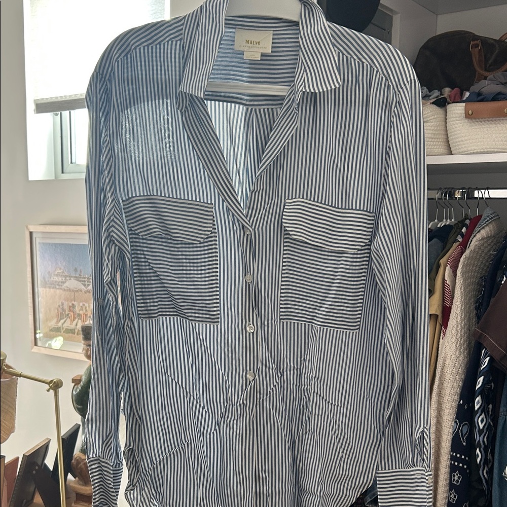 Maeve Blue and White Striped Button-Up Shirt
